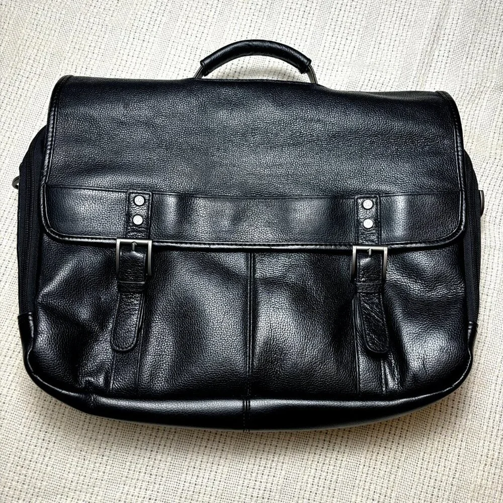 Samsonite Black Classic Leather Flapover Business Satchel Bag—Fits‎ 2 Laptops - Picture 4 of 16